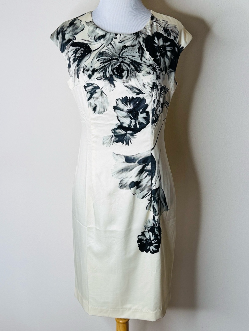 Gyalwanna Ivory Satin Black Floral Print Midi Dress